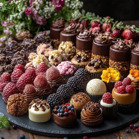 Variedade de doces caseiros dispostos sobre uma mesa de madeira, com destaque para brigadeiros, bolos e tortas decoradas, iluminados por luz natural.