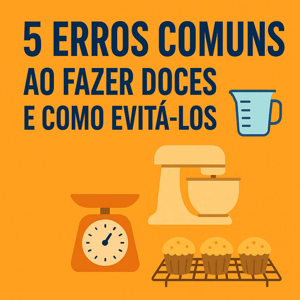 Ilustração com utensílios de confeitaria e título “5 erros comuns ao fazer doces e como evitá-los”
