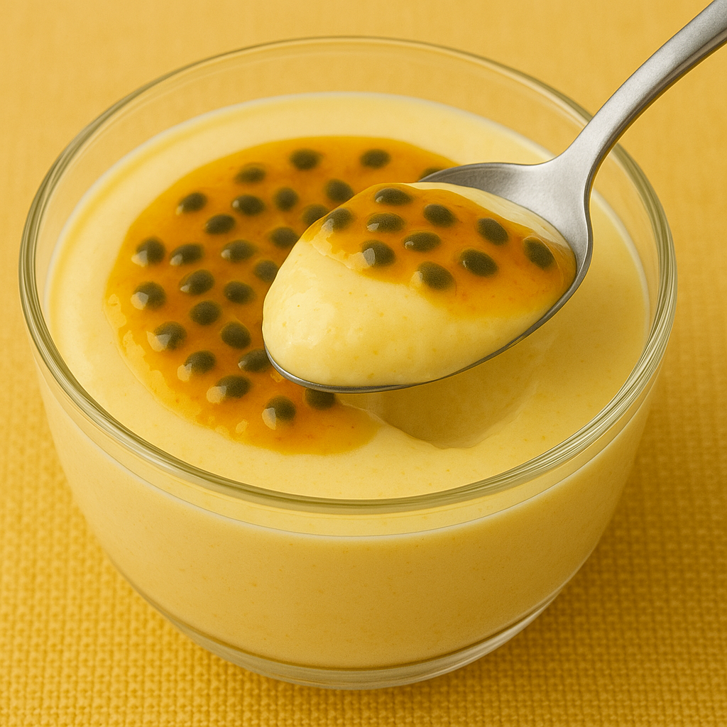 Colher servindo mousse de maracujá com calda e sementes