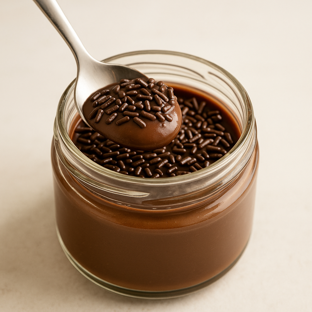 Brigadeiro de colher servido em potinho de vidro