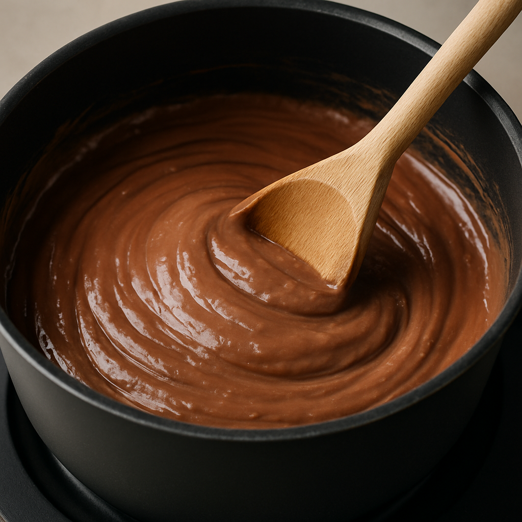 Brigadeiro cremoso sendo mexido na panela
