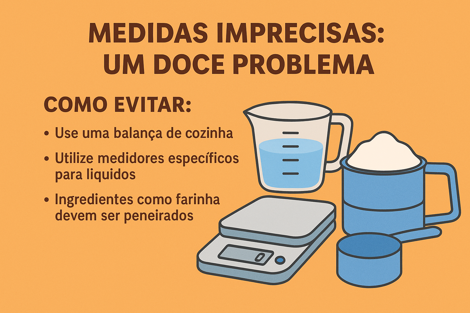 Infográfico sobre como evitar erros ao medir ingredientes na confeitaria