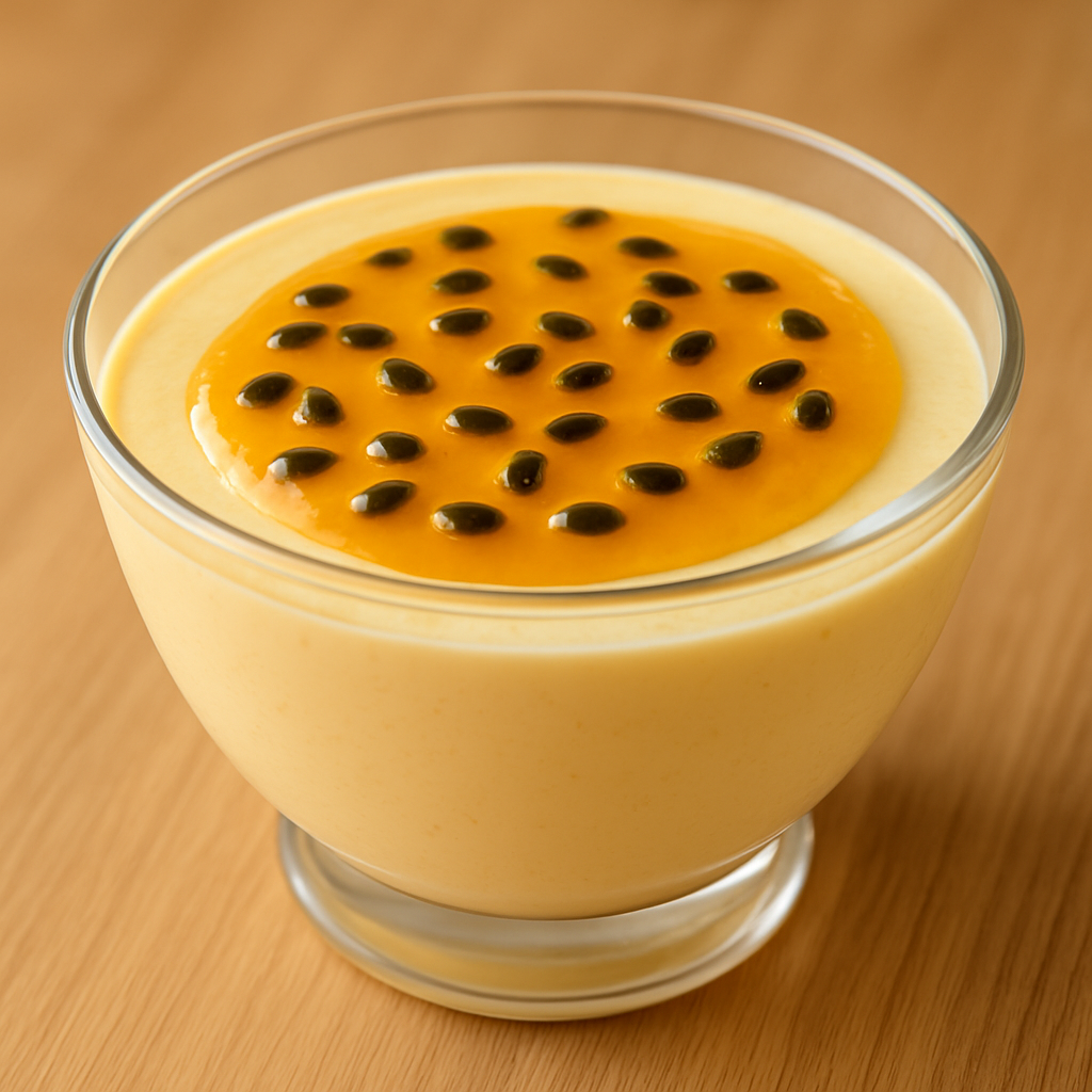 Mousse de maracujá cremosa servida em taça de vidro sobre mesa de madeira clara