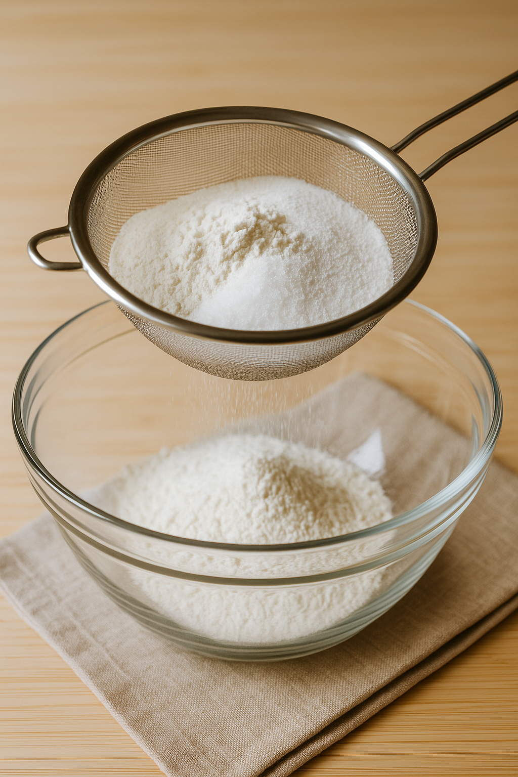 Ingredientes secos sendo peneirados sobre tigela de vidro em bancada de cozinha