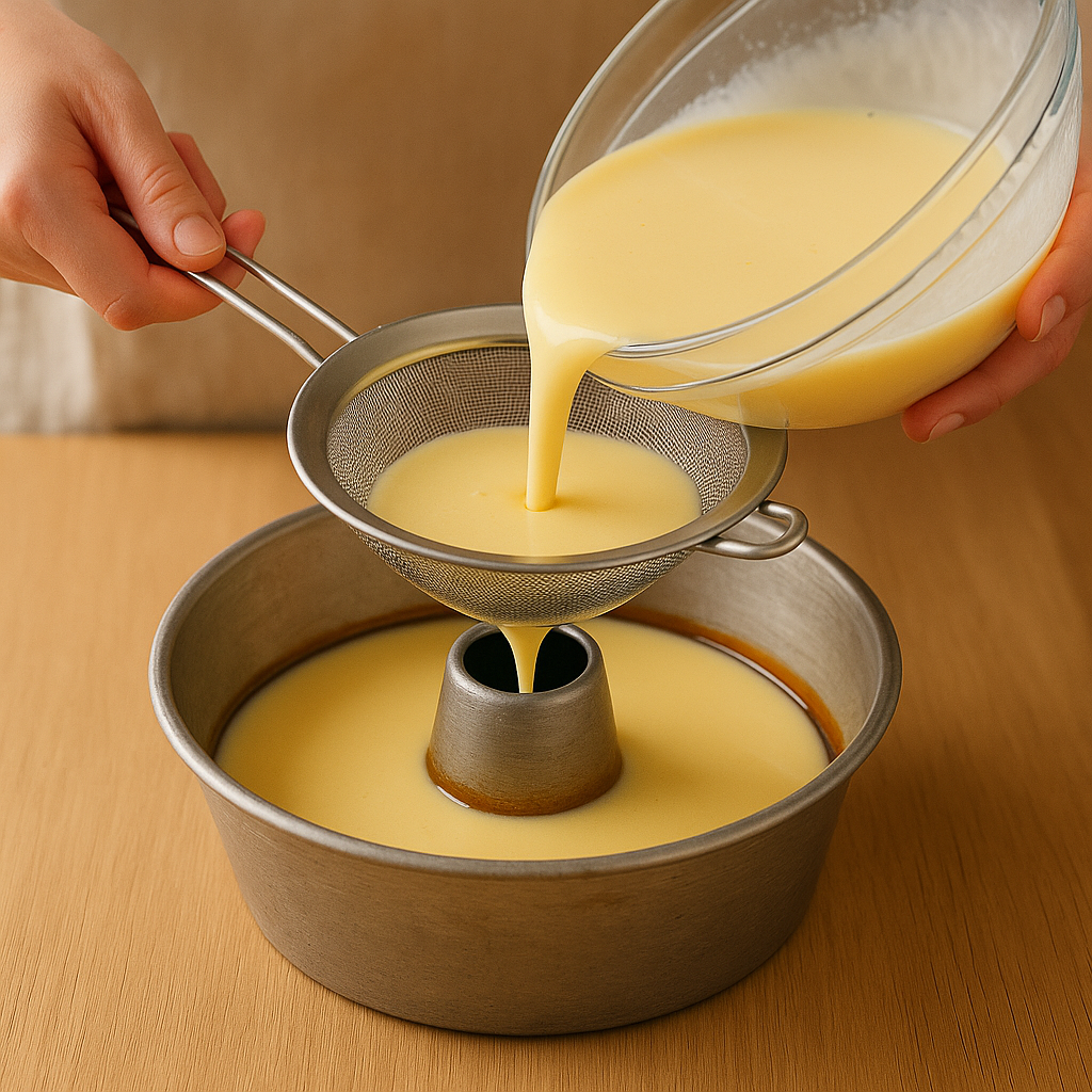 Mistura do pudim sendo peneirada sobre forma caramelizada