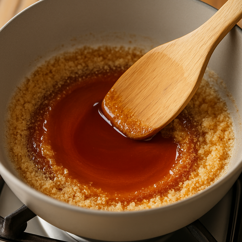 Açúcar sendo derretido para preparar caramelo de pudim caseiro