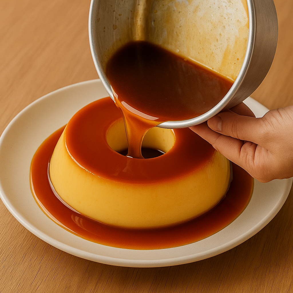 Pudim sendo desenformado com calda de caramelo brilhante sobre prato branco