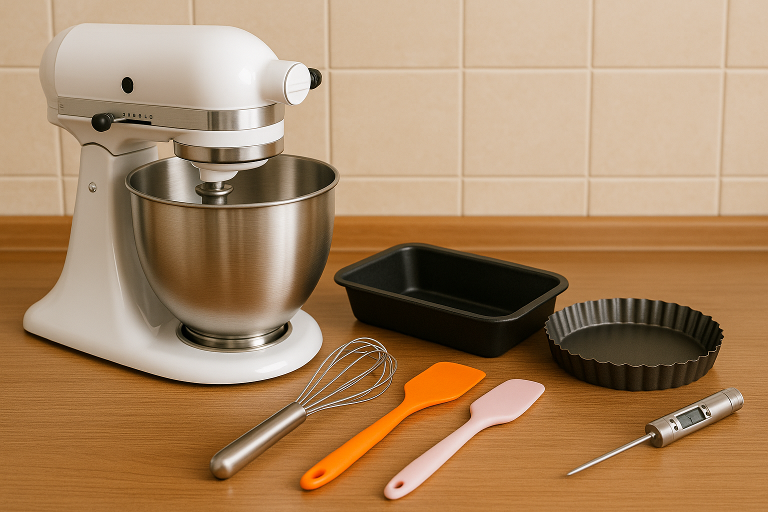 Utensílios de confeitaria sobre bancada de cozinha