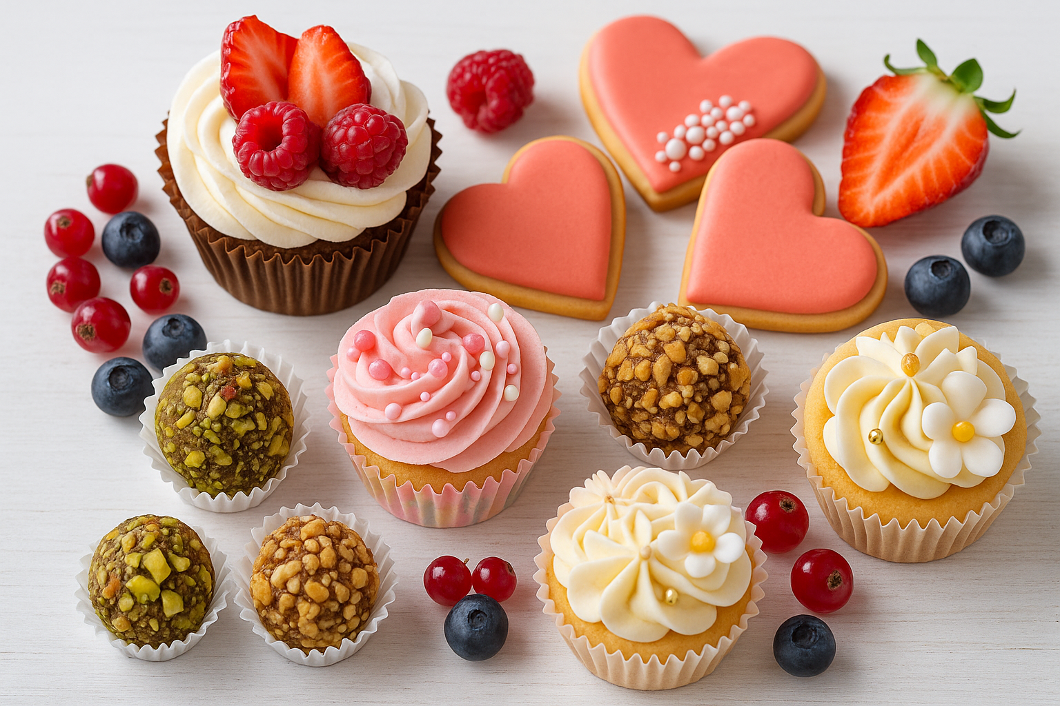 Doces coloridos organizados com identidade visual padronizada, incluindo forminhas decoradas, cores harmônicas e embalagens personalizadas.