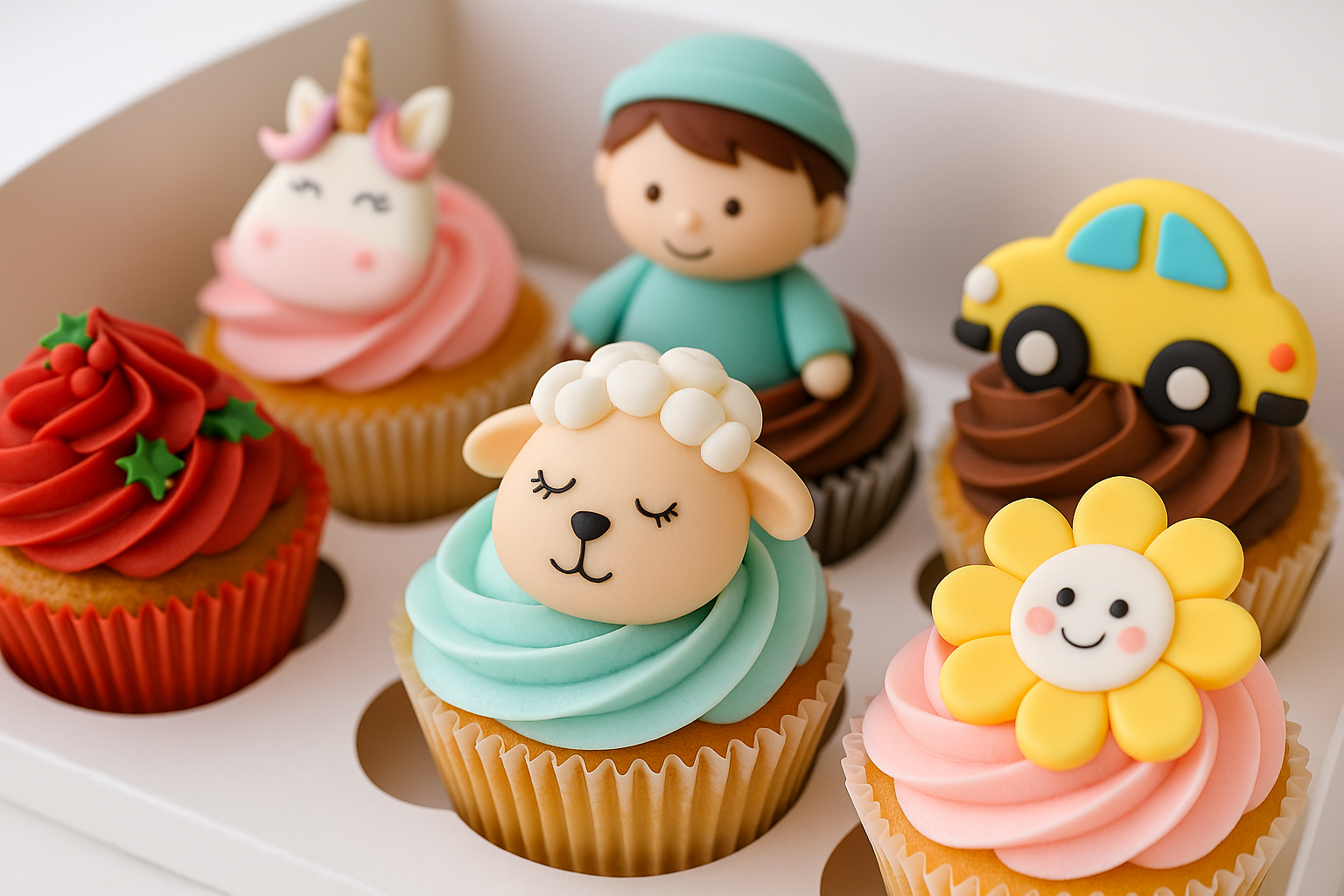 Cupcakes decorados com chantilly colorido e confeitos em formato de estrelas, exibidos em forminhas delicadas sobre uma bancada de confeitaria.