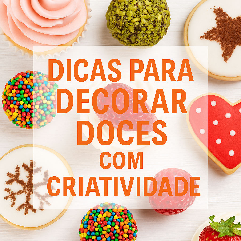 Doces decorados com criatividade em uma mesa colorida, exibindo técnicas de confeitaria artística