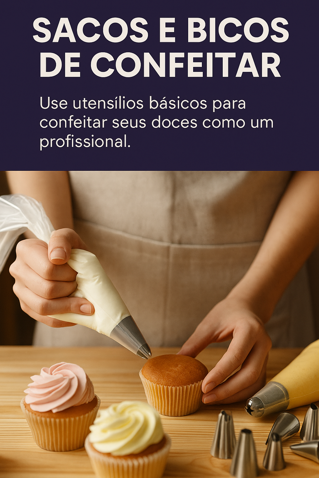 Ferramentas básicas para decoração de doces sobre bancada branca